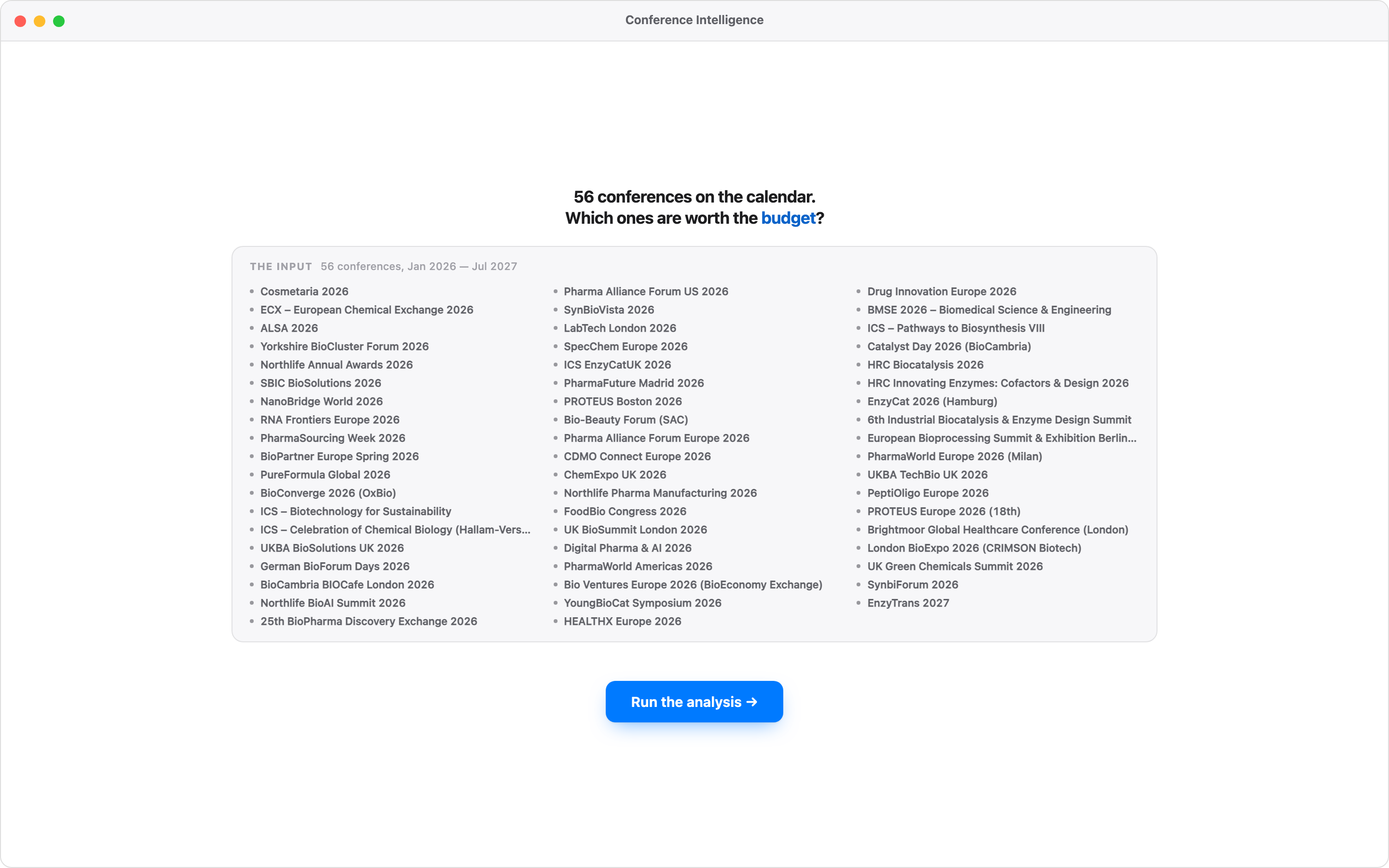 The demo: 56 conferences on the calendar, ready to analyze